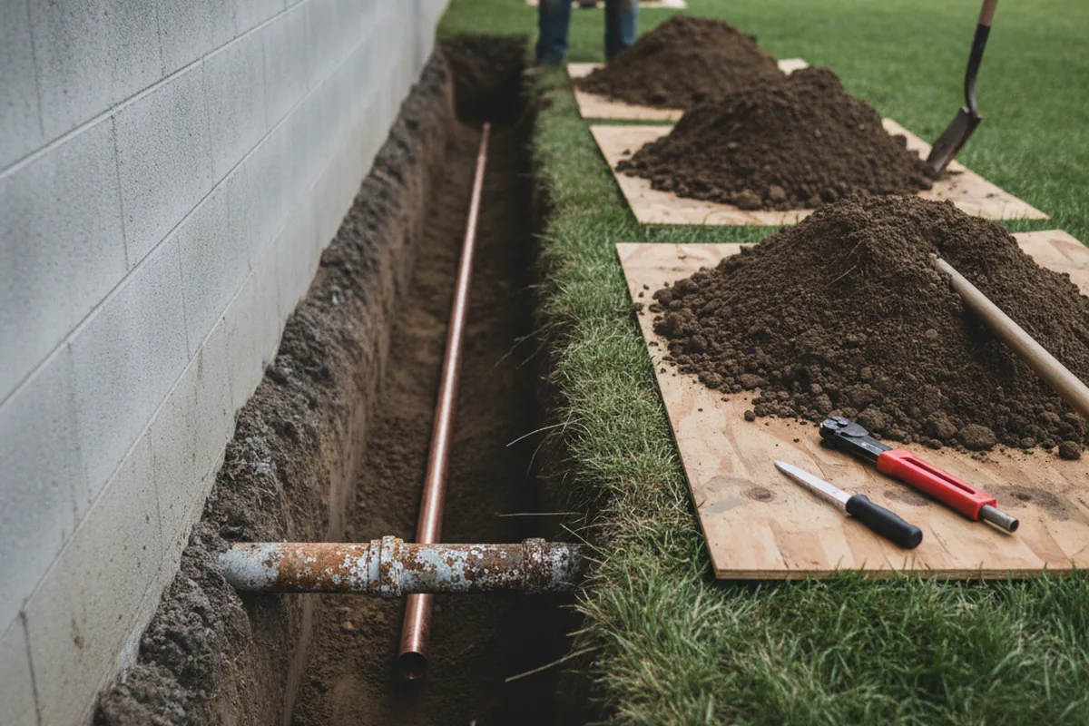Excavated water line trench during Water Heater Repair in Asbury